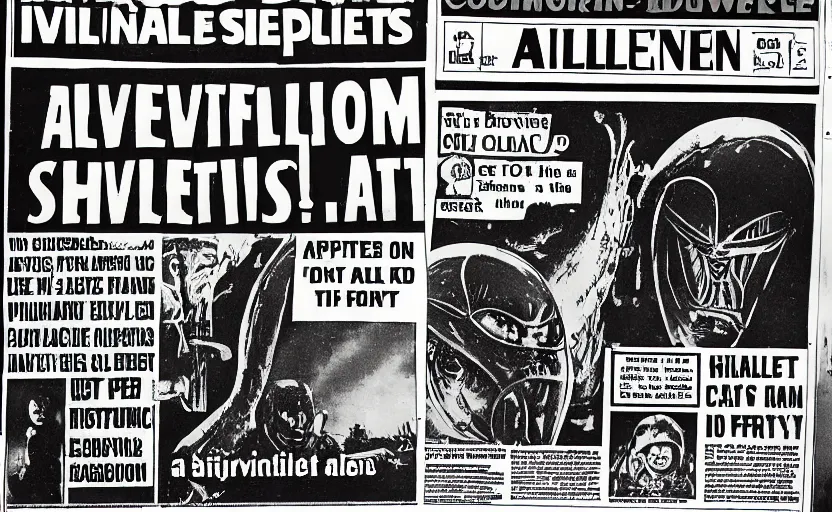 Image similar to 1 9 7 0 s newspaper front page, alien invasion
