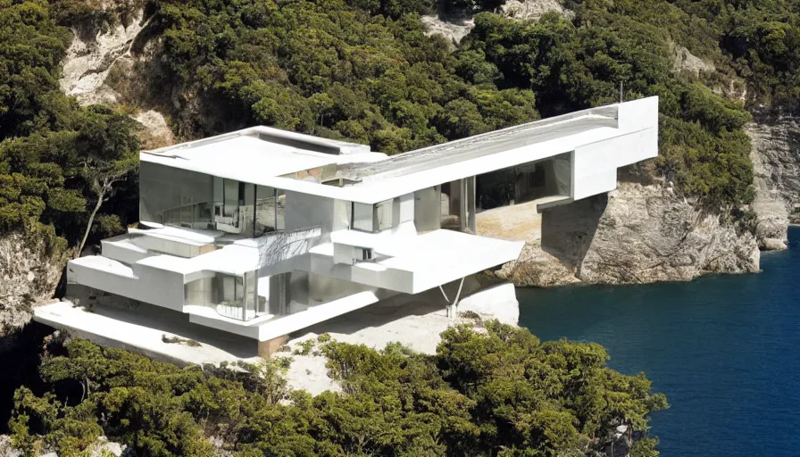 Image similar to modern house perched on a cliff overlooking a magnificient bay, drawing architecture, pritzker architecture prize, greig fraser