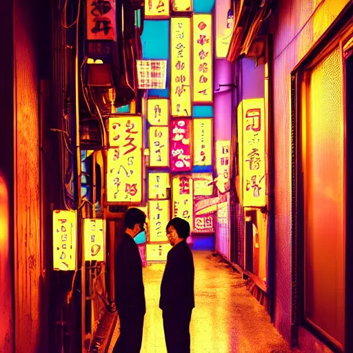 Prompt: Looking down a neon sign lit alleyway in Neo-Tokyo with many neon signs and izakayas, two Japanese businessmen standing against a wall talking to each other, one streetlight, cyberpunk, trending on artstation and behance, by Beeple