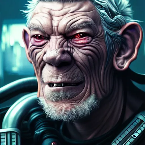 Image similar to portrait painting of a cyberpunk orc doctor muscular ian mckellen with fangs and tusks, ultra realistic, concept art, intricate details, eerie, highly detailed, photorealistic, octane render, 8 k, unreal engine. art by artgerm and greg rutkowski and charlie bowater and magali villeneuve and alphonse mucha