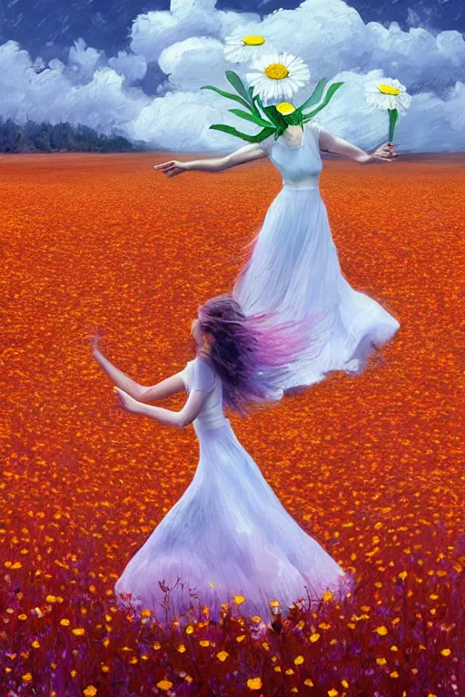 Image similar to giant white daisy flower as head, woman dancing in a flower field, surreal photography, sunrise, dramatic light, impressionist painting, colorful clouds, digital painting, artstation, simon stalenhag