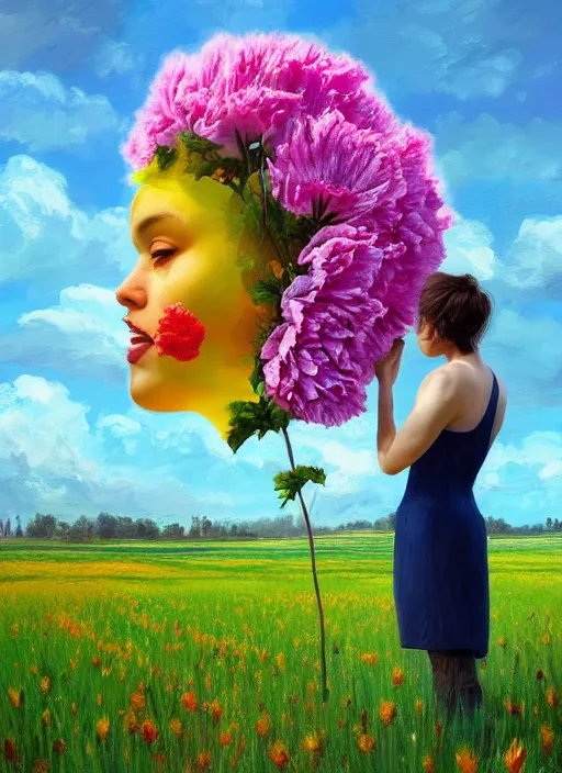 Image similar to woman with a giant carnation as a face, flower field, surreal photography, sunset dramatic light, impressionist painting, colorful clouds, blue sky, digital painting, artstation, simon stalenhag