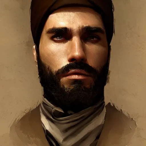 Prompt: An oil painting of a man dressed in priest robes, 30 years old, chad jaw line, short black hair, trimmed beard, sharp facial features, beautiful, highly detailed, by Cédric Peyravernay, trending on artstation