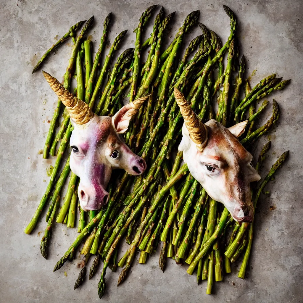 Image similar to roasted unicorn head served with green asparagus. 4 k food photography, image from bbc good food magazine