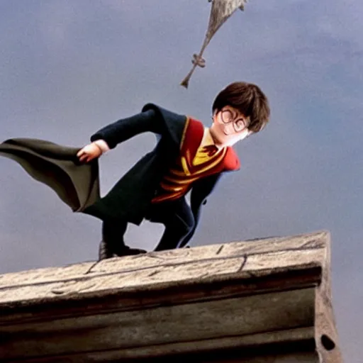 Image similar to Harry Potter flying on a broom