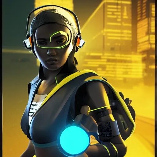Prompt: Jujitsu Sun. Beautiful cyberpunk assassin wearing a cyberpunk headset and tactical gear with a sun icon. Yellow theme. In style of Moebius
