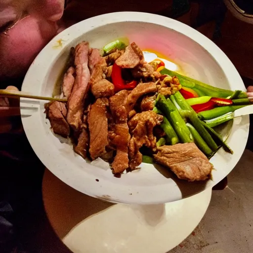Image similar to anonymous with face covered by stirfry pork, cinematic dramatic composition, happy lighting