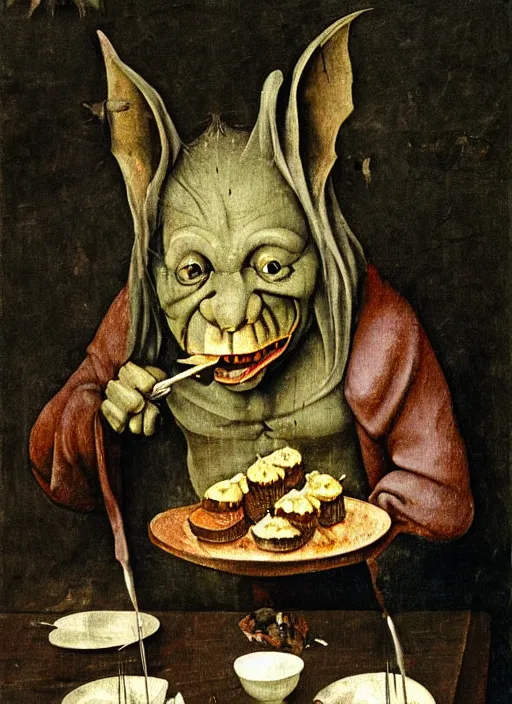 Image similar to medieval goblin eating cakes painted by hieronymus bosch, detailed digital art, trending on Artstation