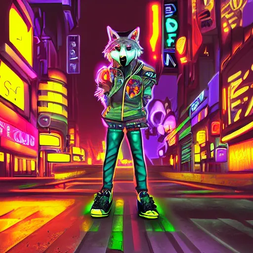 Prompt: beautiful commission digital art portrait commission of an androgynous furry anthro wolf wearing punk clothes in the streets of a cyberpunk city. neon signs. made by zaush, rick griffin, tessgarman, angiewolf, miles df, smileeeeeee, ethrk, fa, furraffinity