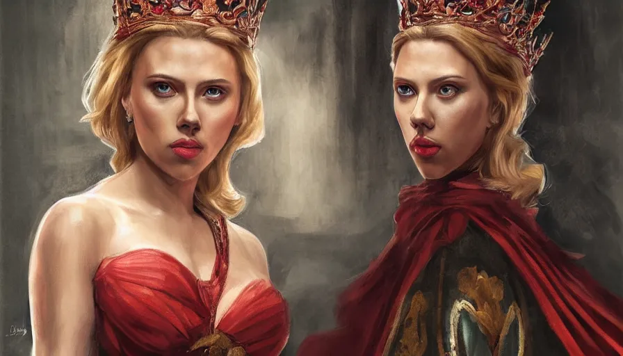 Image similar to scarlett johansson as a stately queen, fantasy, oil painting, concept art