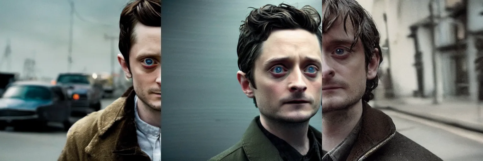 Prompt: close-up of Elijah Wood as a detective in a movie directed by Christopher Nolan, movie still frame, promotional image, imax 70 mm footage