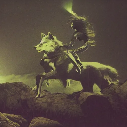 Image similar to david bowie riding a wolf forest ((over a rock)), dark lighting