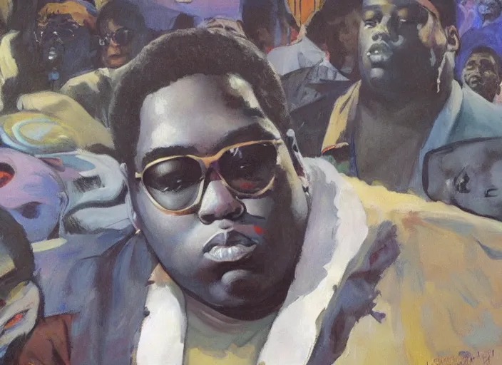 Image similar to a highly detailed beautiful portrait of notorious b. i. g on lsd, by gregory manchess, james gurney, james jean