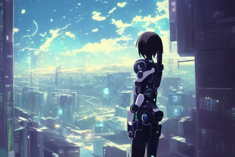 Prompt: makoto shinkai. robotic android girl. futuristic cyberpunk. dystopia. vibrant nebula sky. r