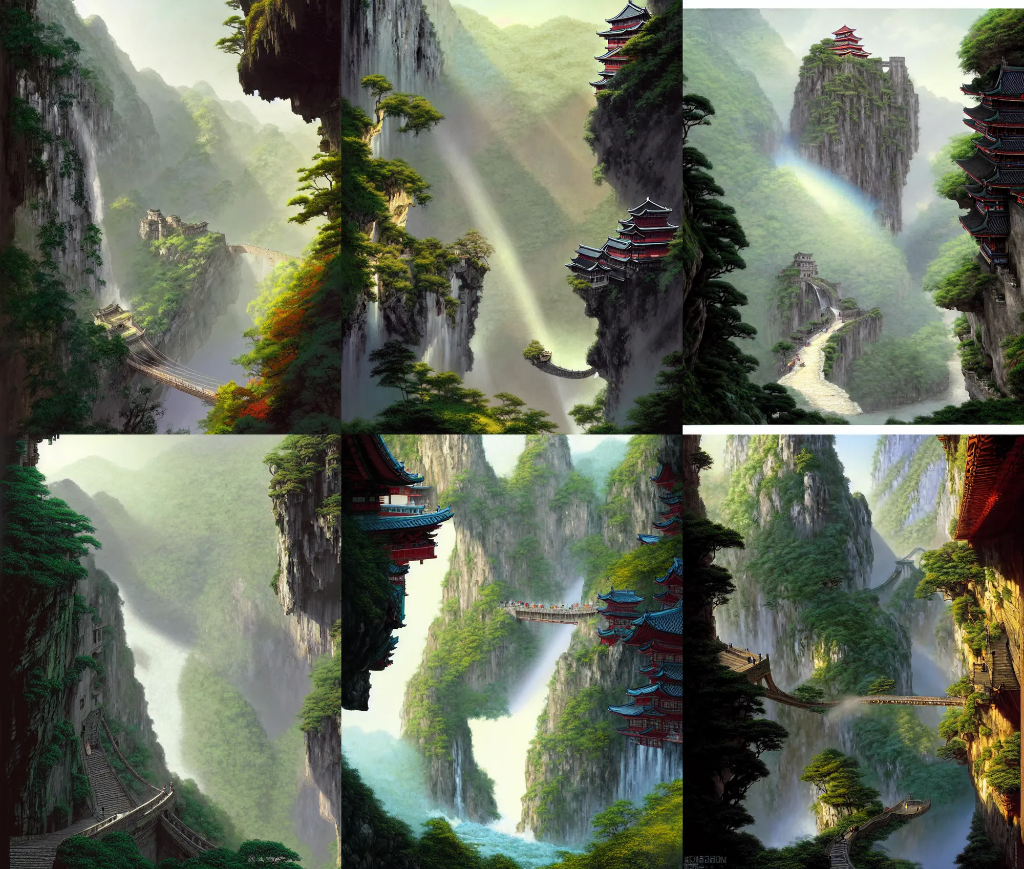 Image similar to establishing wide shot inside han son doong with waterfalls on either side of the cliff walls, at the top of the cliff is a japanese castle, a cloister is built into the cliff walls, an old suspension bridge spans the walls, sunny morning light, sunbeam, saturated colors, detailed digital concept art by greg rutkowski and gerald brom and james gurney