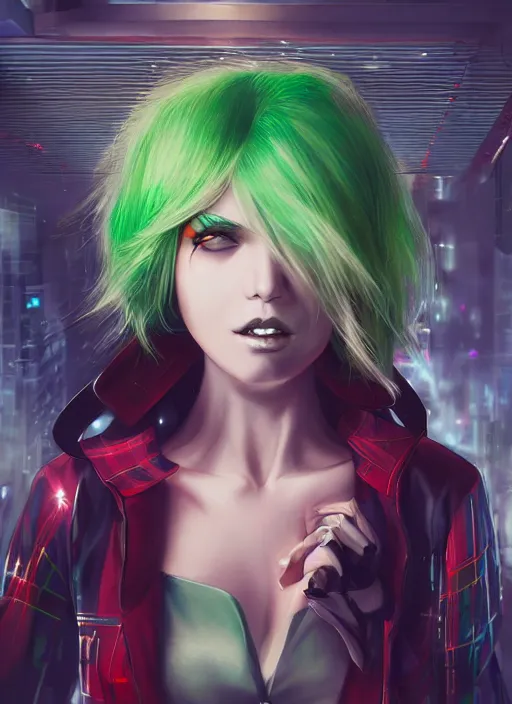 Prompt: cyberpunk woman with green hair wearing futuristic clothes and a red plaid miniskirt, beautiful face, character portrait, by wlop, by artgerm, by yoshitaka amano, digital art, matte art, octane render, lineart, pop art