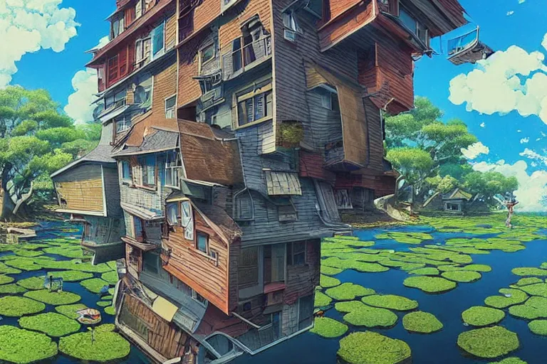 Prompt: surreal kyoto suburb, floating house in the sky, summer morning, very coherent and colorful high contrast, art by!!!! gediminas pranckevicius!!!!, geof darrow, dark shadows, hard lighting