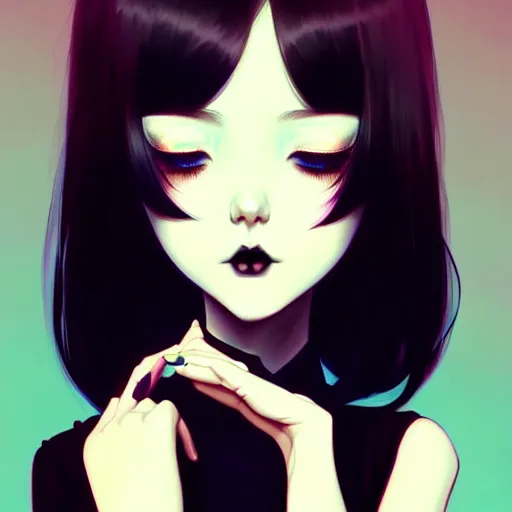 Image similar to a beautiful slim shy goth girl ignores you, art by ilya kuvshinov and lois van baarle and ross tran and range murata and artgerm and andy warhol, norman rockwell, digital art, highly detailed, profile picture, intricate, sharp focus, mystical trending on artstation hq, deviantart, pinterest, unreal engine 5, 4 k uhd image