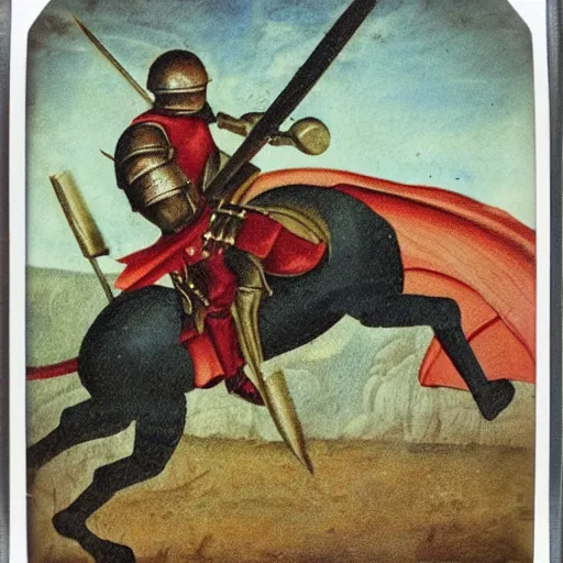 Prompt: polaroid of medieval knight in battle with a dragon