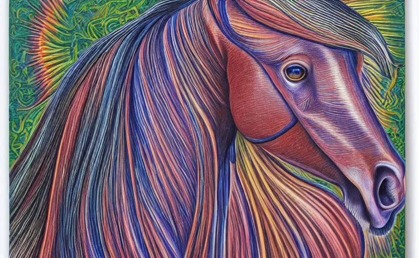 Prompt: a Photorealistic dramatic hyperrealistic horse by Alex Grey