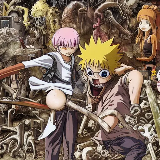 Prompt: archaeological artifact. photograph. death and decay. cemetery; exposed bones. elephant graveyard; cartilage. ancient burial ground. BRIGHT COLOR BEAUTIFUL ANIME PHOTOGRAPH STUDIO GHIBLI SHŌNEN JUMP MANGA BLEACH ONEPIECE VIVID