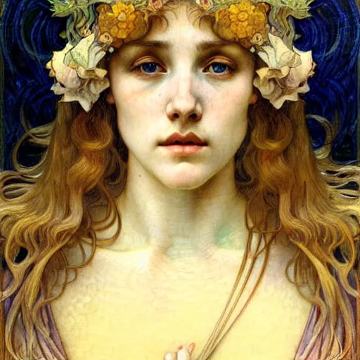 Image similar to detailed realistic beautiful young medieval queen face portrait by jean delville, alphonse mucha, vincent van gogh, and marco mazzoni, art nouveau, symbolist, visionary, gothic, pre - raphaelite