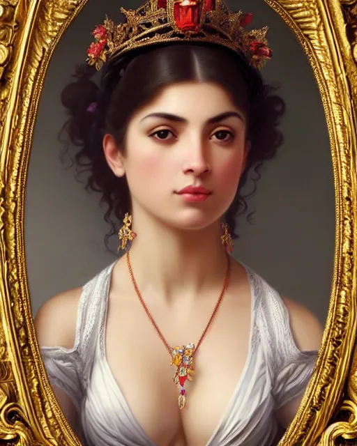 Prompt: photo of a gorgeous young latina woman wearing elaborate heavy baroque jewelry and crown and rococo ornaments in the style of stefan kostic, realistic, sharp focus, symmetric, 8k high definition, insanely detailed, intricate, elegant, art by stanley lau and artgerm, William-Adolphe Bouguereau, Penelope Cruz