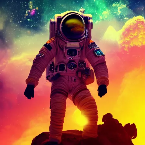 Image similar to A dieselpunk astronaut floating alone in deep space, lush vivid soft colors of sun set, hosing and backpack on suit, filigree planet in a stellar nebula, a small cyberpunk city in the distance , DSLR, HDR, octane render, 3d shading, cgsociety, Horde3d, ambient occlusion, volumetric lighting, ray tracing, 3dexcite, Zbrush, Substance Designer, behance HD, lightWave 3d, Ureal Engine , Monet painting by Kait Kybar