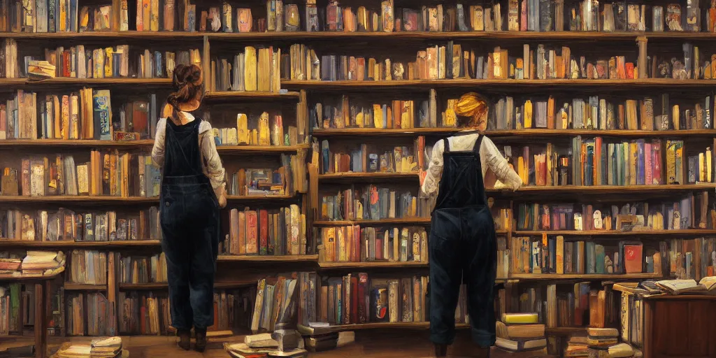 Prompt: A female bookseller in black overalls shelves books in her bookshop, cinematic lighting, detailed oil painting, 4k