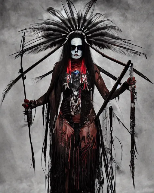 Image similar to lady native sisters ghost - spirit of the grim - warpaint wears the scarlet skull armor and native blood headdress feathers, midnight fog - mist!, dark oil painting colors, realism, cinematic lighting, various refining methods, micro macro autofocus, ultra definition, award winning photo, photograph by ghostwave - gammell - giger - shadowlord