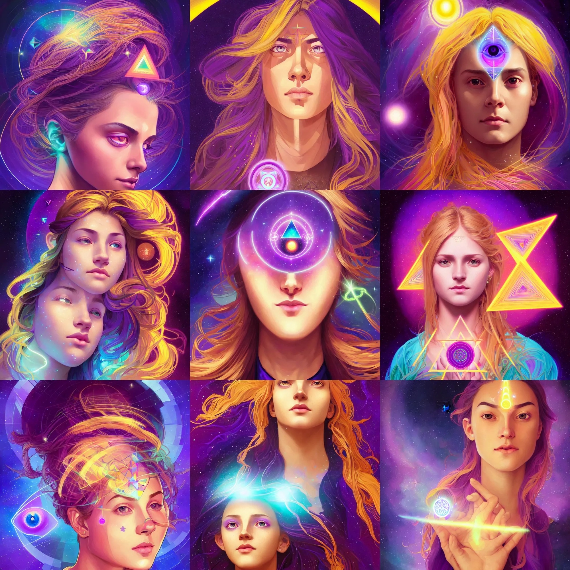 Prompt: centered colorful head and shoulders portrait of a girl with glowing purple third eye chakra and golden hair, geometric third eye triangle, sci - fi face, sacred geometric mandal background, breathtaking stars, elegant, highly detailed, digital painting, artstation, concept art, smooth, sharp focus, illustration, art by artgerm and greg rutkowski and alphonse mucha, psychedelic