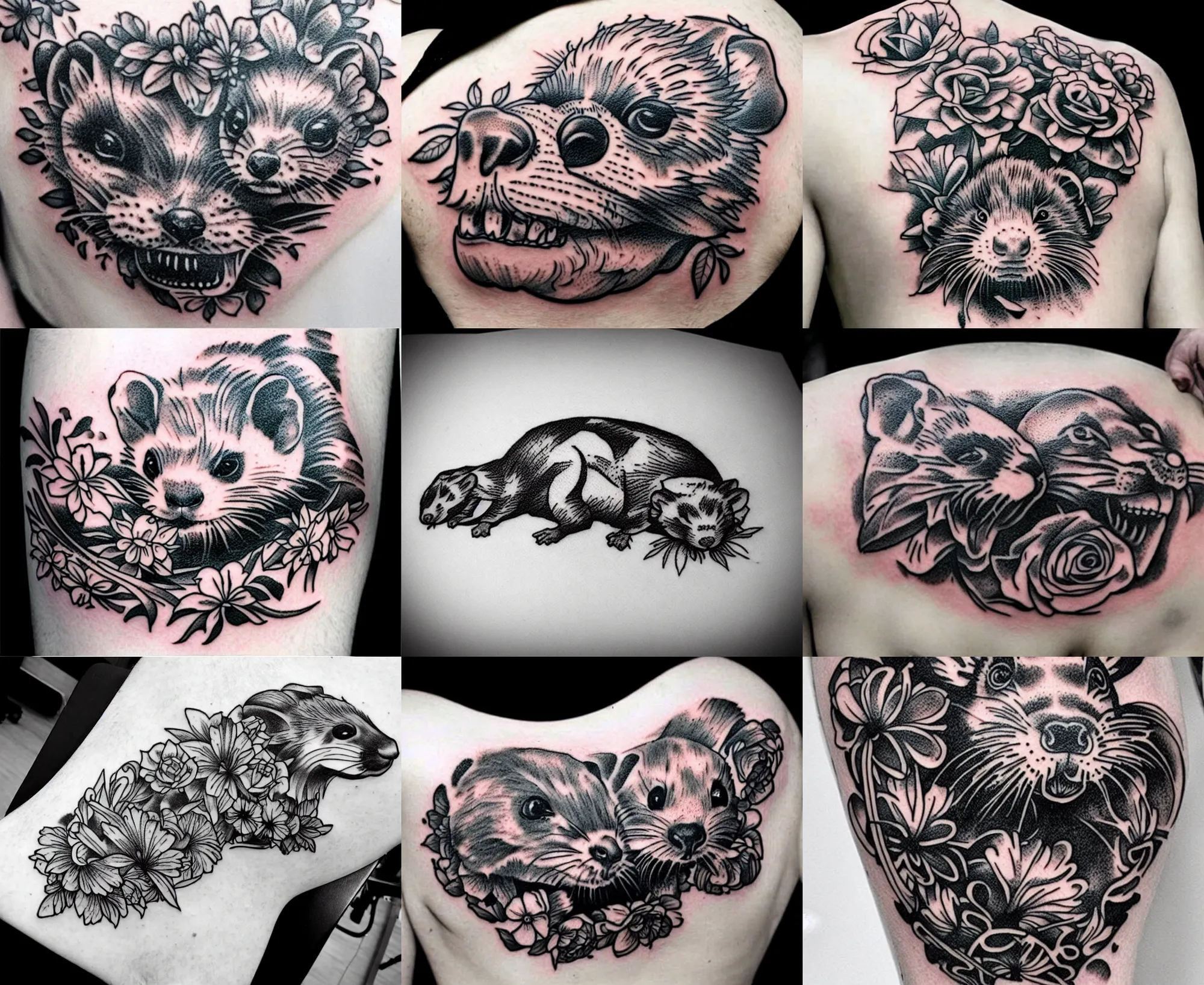 Image similar to detailed amazing tattoo stencil of a floral ferret crawling on a human skull