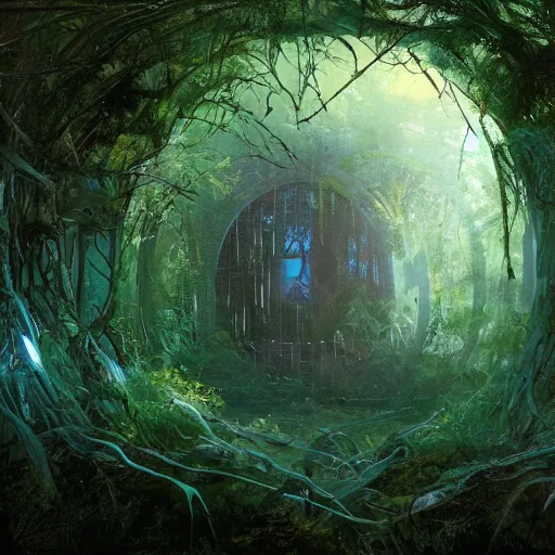 Image similar to overgrown derelict portal in a middle of a futuristic forest, world seen only through a portal, daylight, cinematic lighting, blue sky, syd mead, john harris