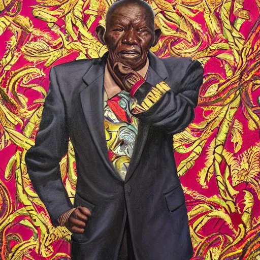 Image similar to a painting of a wise elder from Kenya in a suit by Kehinde Wiley . dramatic angle, ethereal lights, details, smooth, sharp focus, illustration, realistic, cinematic, artstation, award winning, rgb , unreal engine, octane render, cinematic light, macro, depth of field, blur, red light and clouds from the back, highly detailed epic cinematic concept art CG render made in Maya, Blender and Photoshop, octane render, excellent composition, dynamic dramatic cinematic lighting, aesthetic, very inspirational, arthouse.