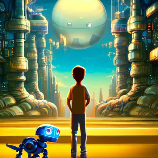 Image similar to a spectacular film poster of an adventurous boy ( facing the camera ) and his small robot friend, futuristic city background, eleborate composition with foreground and background, depth of field, fantasy illustration by kyoto studio, don bluth!!!, square enix, disney animation film, cinematic lighting