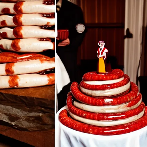 Prompt: a wedding cake made entirely out of sausages with ketchup sauce. During wedding. Highly detailed 8k