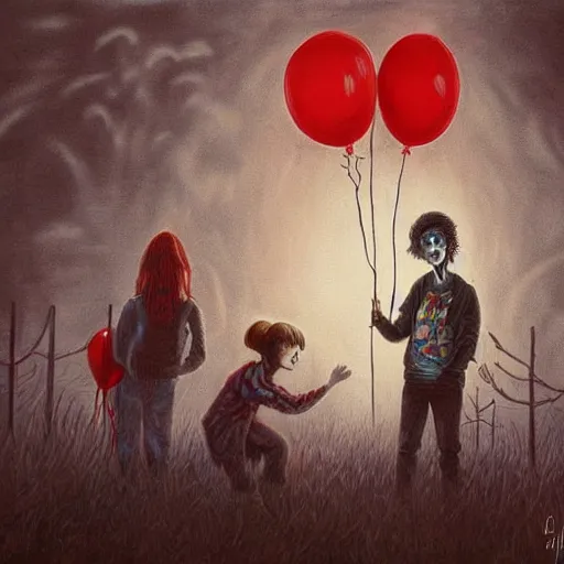 Image similar to grunge painting of stranger things with a wide smile and a red balloon by chris leib, loony toons style, pennywise style, corpse bride style, horror theme, detailed, elegant, intricate