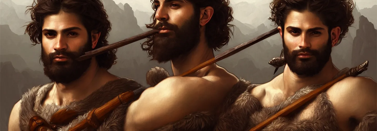 Image similar to renaissance upper body portrait of a gruff ranger with a spear, arab, lean and toned, handsome face, hairy chest, D&D, intricate, elegant, highly detailed, digital painting, artstation, concept art, matte, sharp focus, illustration, art by da Vinci, Artgerm and Greg Rutkowski and Alphonse Mucha