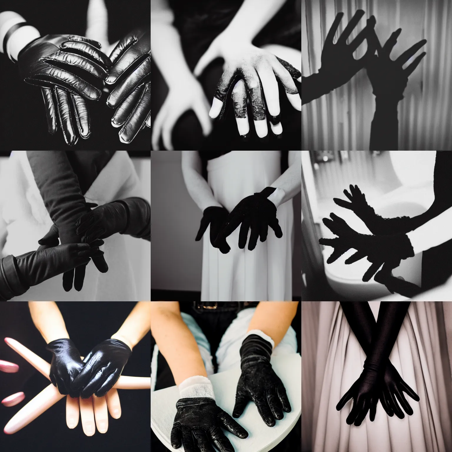 Prompt: a vintage photo of the hands of a woman wearing black gloves, in a bathroom, close up, fujifilm, 3 5 mm