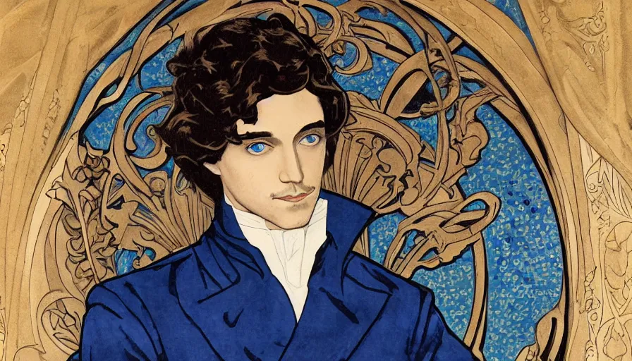 Prompt: art nouveau portrait of prince paul atreides with shining blue eyes