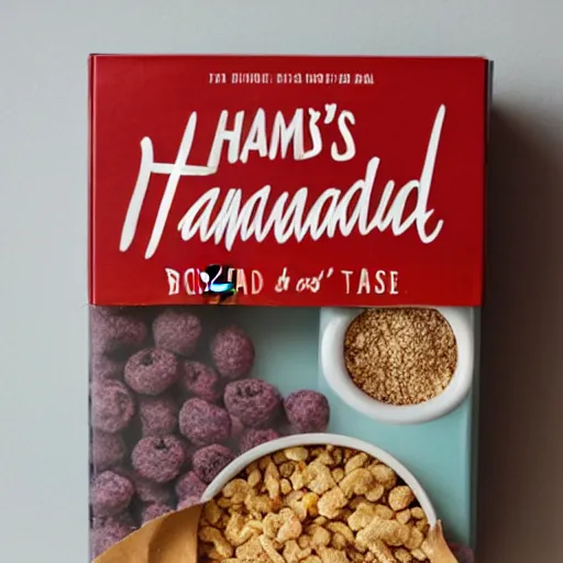 Prompt: box of handmaid's tale breakfast cereal on a shelf