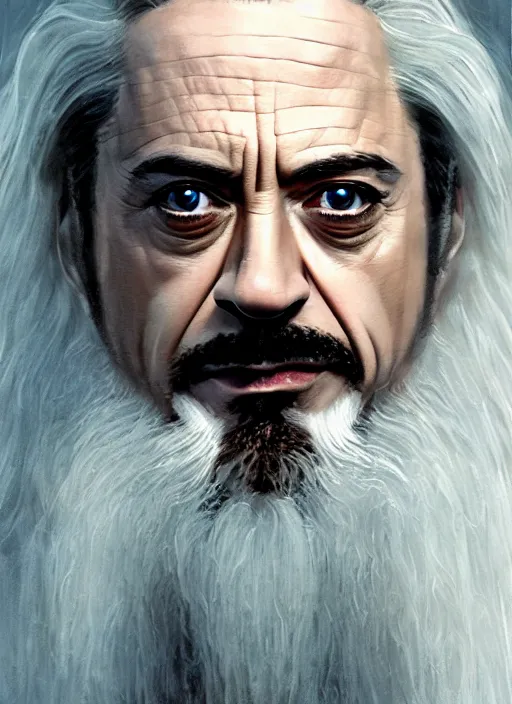 Image similar to robert downey jr. as evil saurman the white, long white hair and beard, by alan lee, lord of the rings, smooth, oil painting, matte painting, concept art, trending on artstation, promotional artwork, film still, elegant, photorealistic facial features, intricate, detailed face, cinematic lighting