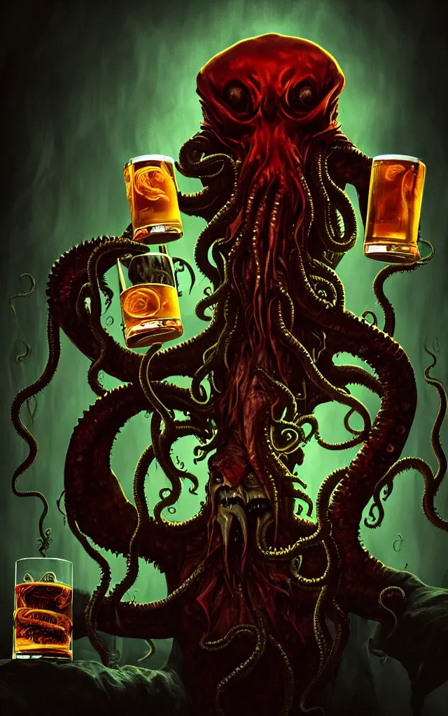 Prompt: a high - quality photorealistic photography face centred portrait of an evil vampire holding a glass of whisky, cthulhu tentacles, thanatos, horror, swamp fog mist, horror, 8 k resolution, hyperdetailed, concept art, devils and demons