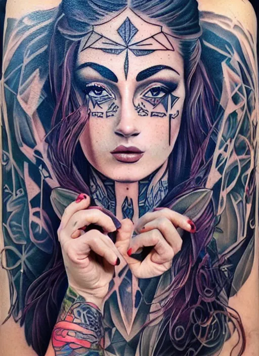 Image similar to beautiful enlightened instagram selfie influencer woman with tattoos, tattooed skin, oil painting, robe, symmetrical face, greek dark ritual myth, by sandra chevrier, masterpiece