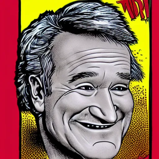 Image similar to a portrait of Robin Williams drawn by Robert Crumb