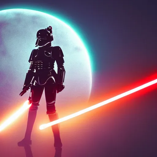 Prompt: Ludens duel with lightsaber on Red sun over paradise - n 4 - i