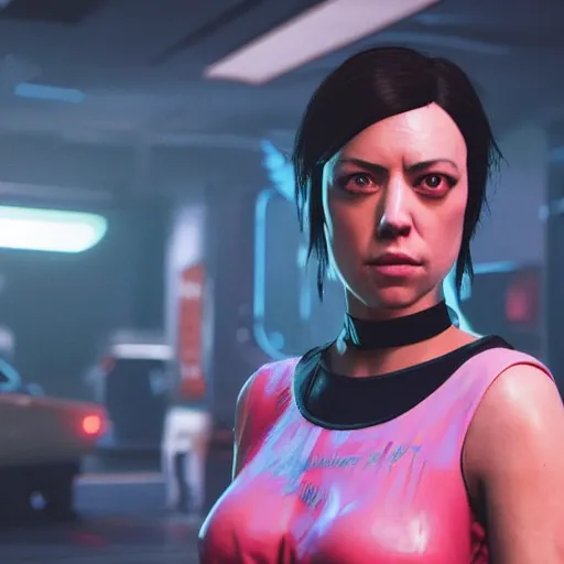 Image similar to aubrey plaza as character in cyberpunk 2 0 7 7