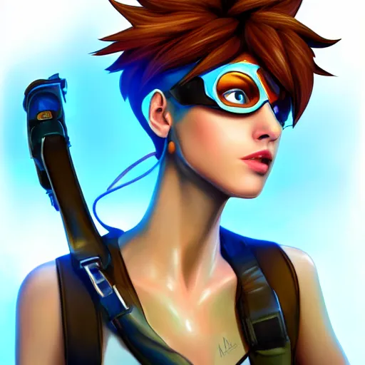 Image similar to digital cell shaded painting of tracer, detailed face, detailed expression,