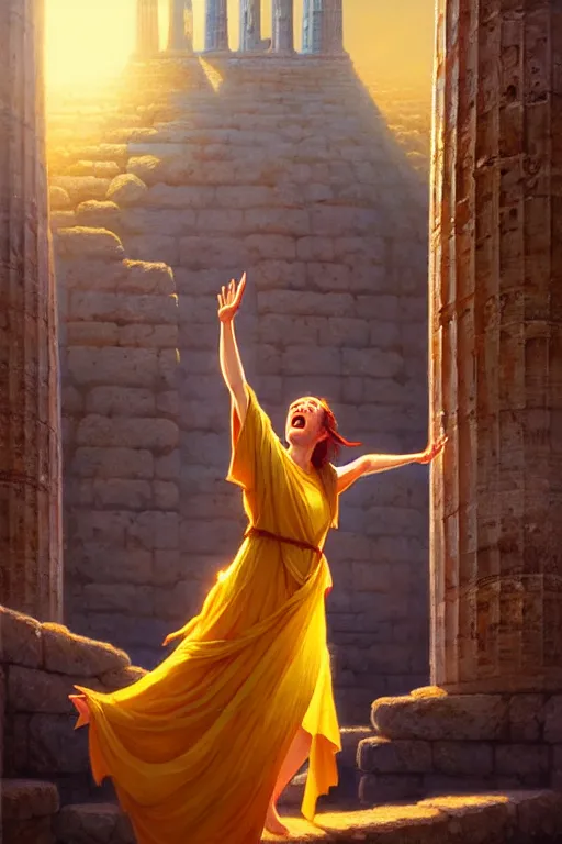 Prompt: high detail portrait, screaming woman wearing ancient greek yellow paper tunic, hands in air, stephen bliss, fantasy art by greg rutkowski, rhads, ferdinand knab, makoto shinkai and lois van baarle, global illumination, radiant light, ancient greek temple ruins, red and blue color theme