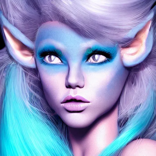 Image similar to Glam hair, 80s hair, Elf girl with blue skin, alien skin, blue elf, blue, blue-skinned elf, green hair, hairspray, big hair, wild hair, glam make-up, 80s, illustration, fantasy art, trending on ArtStation, 1980s fantasy art